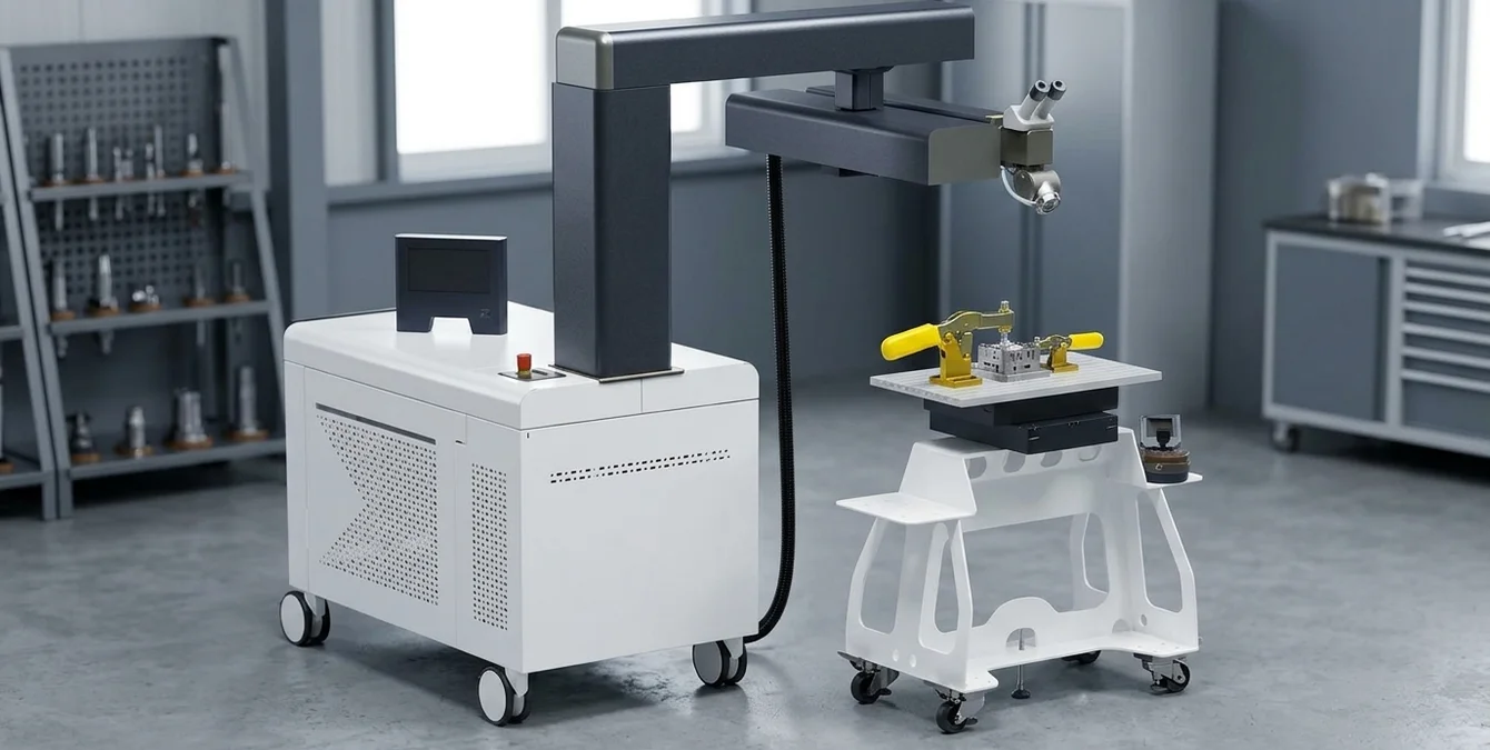 Máquina móvel de soldadura laser Nd:YAG Sineo Light numa oficina organizada com uma peça de molde de injeção em fixador com pega amarela Máquina móvel de soldadura laser Nd:YAG Sineo Light numa oficina organizada com uma peça de molde de injeção em fixador com pega amarela
