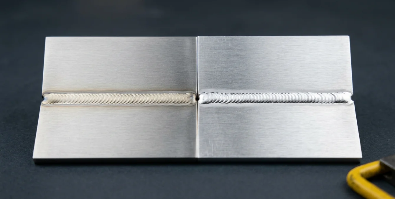 Close-up of perfect laser weld seams on titanium and aluminum plates showing ideal bead color and uniform surface finish Close-up of perfect laser weld seams on titanium and aluminum plates showing ideal bead color and uniform surface finish