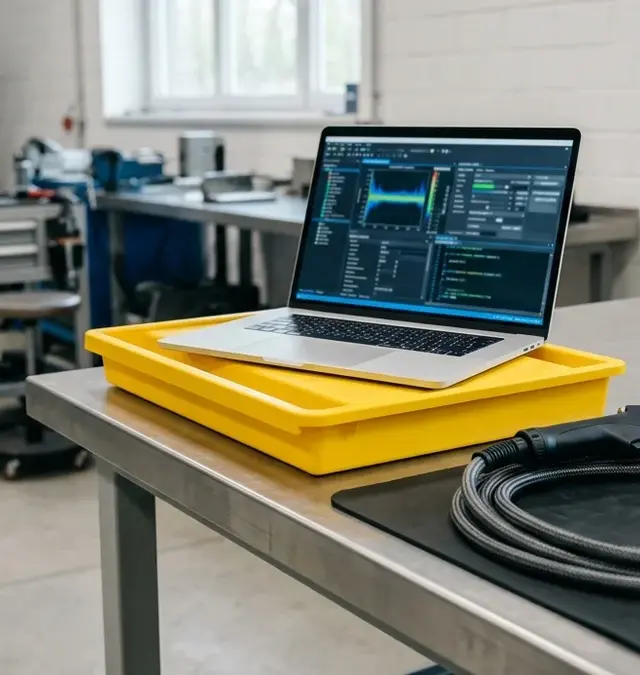 Laptop on yellow tool tray in tidy industrial workshop with laser welding torch nearby, symbolizing remote diagnostics Laptop on yellow tool tray in tidy industrial workshop with laser welding torch nearby, symbolizing remote diagnostics
