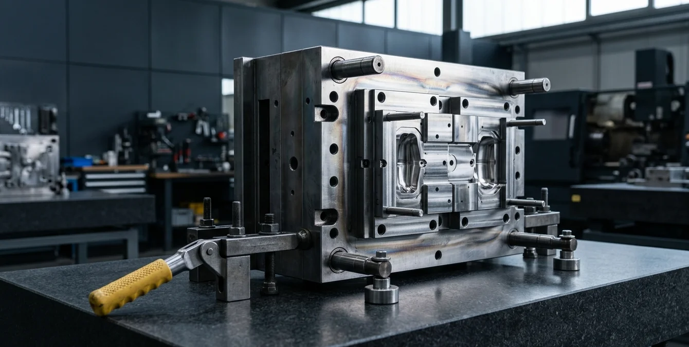Large multi-tonne injection mold clamped on granite inspection table with yellow fixture handle in premium workshop setting Large multi-tonne injection mold clamped on granite inspection table with yellow fixture handle in premium workshop setting