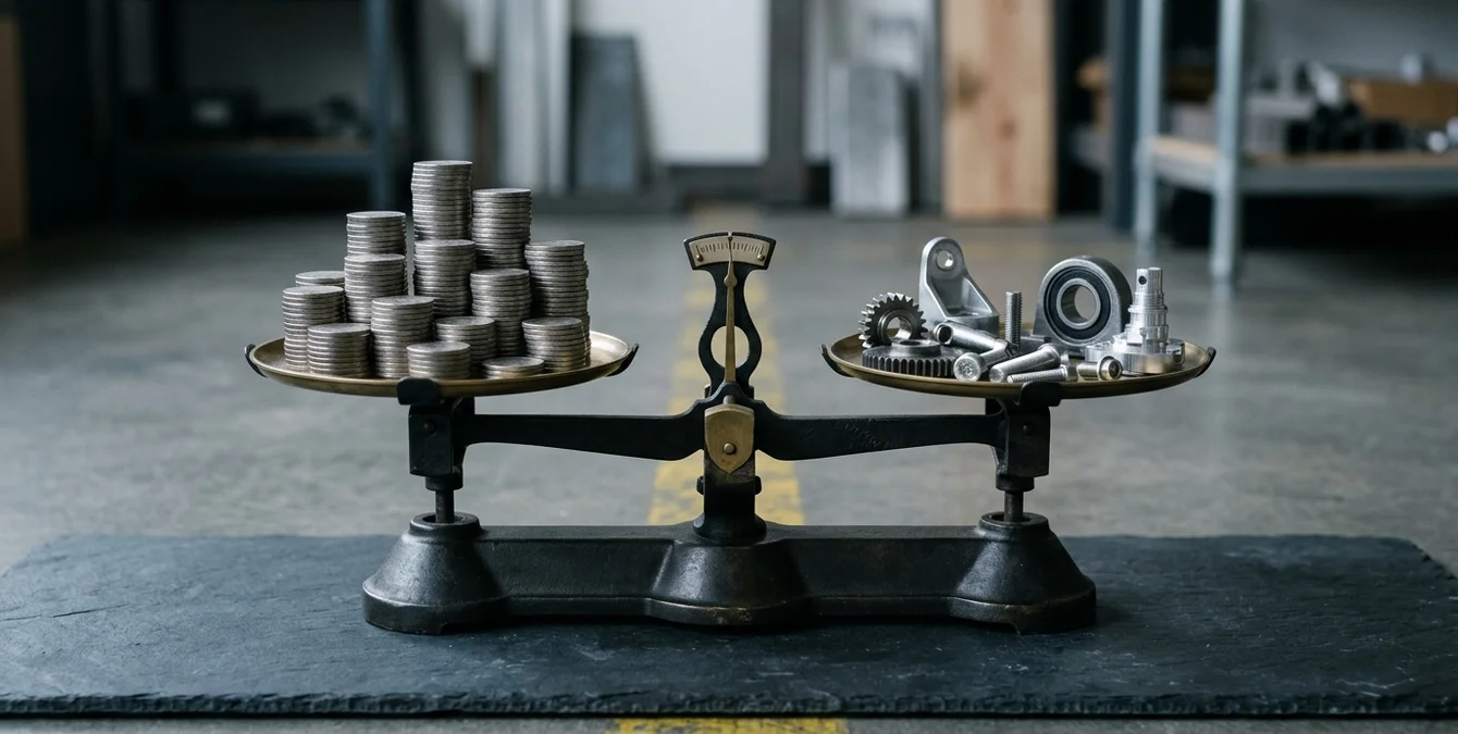 Balance scale with stacks of silver coins on one side and polished metal cast parts on the other symbolizing cost and repair decision. Balance scale with stacks of silver coins on one side and polished metal cast parts on the other symbolizing cost and repair decision.