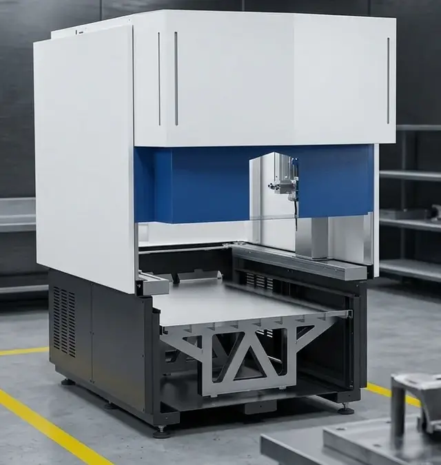 Simass base laser welding system repairing a cast metal part on a fixture plate in a clean workshop with yellow floor marking Simass base laser welding system repairing a cast metal part on a fixture plate in a clean workshop with yellow floor marking