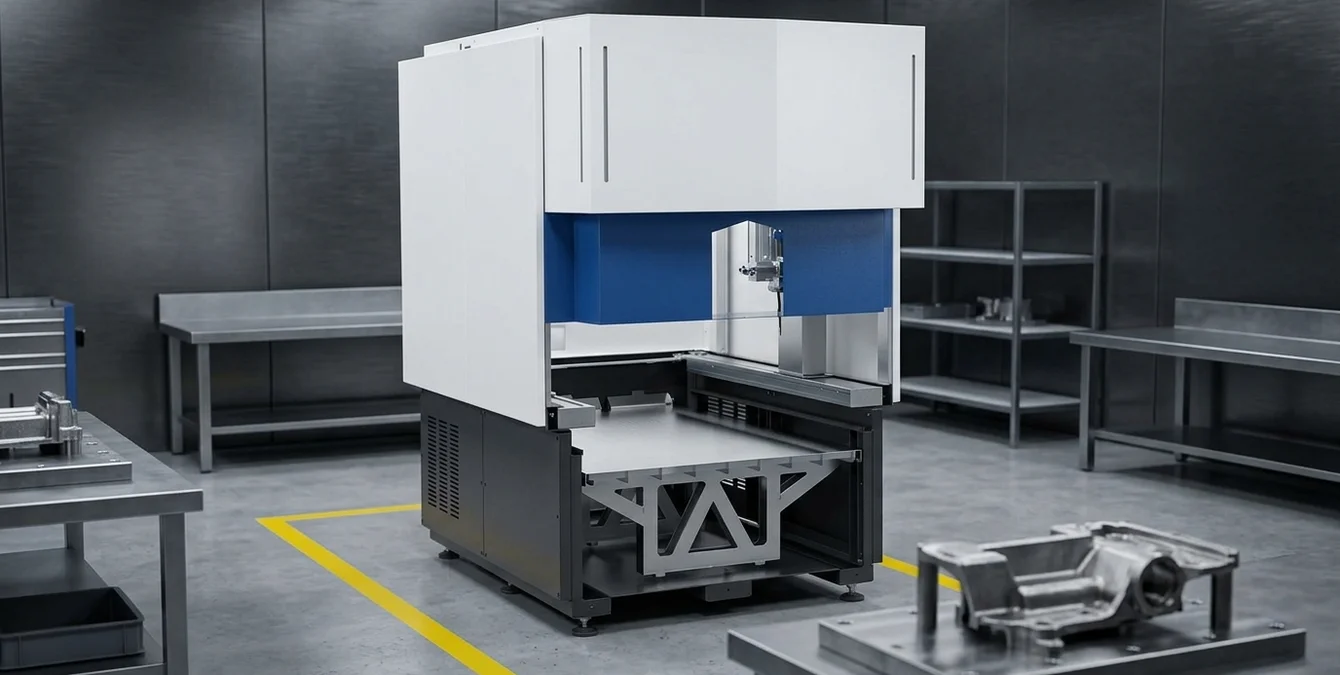 Simass base laser welding system repairing a cast metal part on a fixture plate in a clean workshop with yellow floor marking Simass base laser welding system repairing a cast metal part on a fixture plate in a clean workshop with yellow floor marking