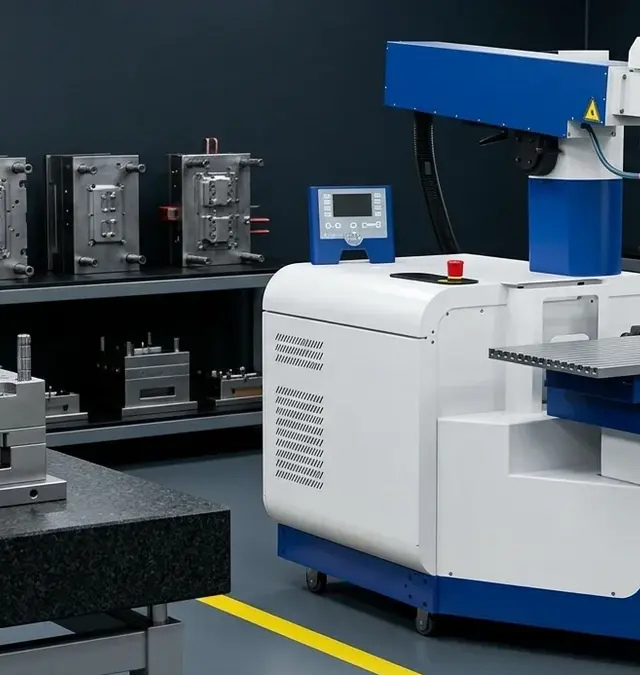 Máquina de soldadura laser Nd:YAG estacionária lado de uma mesa de inspeção com molde de injeção num ambiente industrial limpo Máquina de soldadura laser Nd:YAG estacionária lado de uma mesa de inspeção com molde de injeção num ambiente industrial limpo