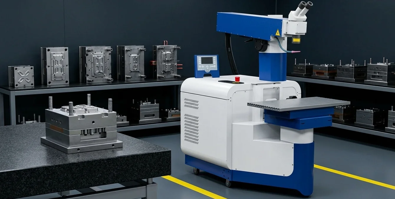 Máquina de soldadura laser Nd:YAG estacionária lado de uma mesa de inspeção com molde de injeção num ambiente industrial limpo Máquina de soldadura laser Nd:YAG estacionária lado de uma mesa de inspeção com molde de injeção num ambiente industrial limpo