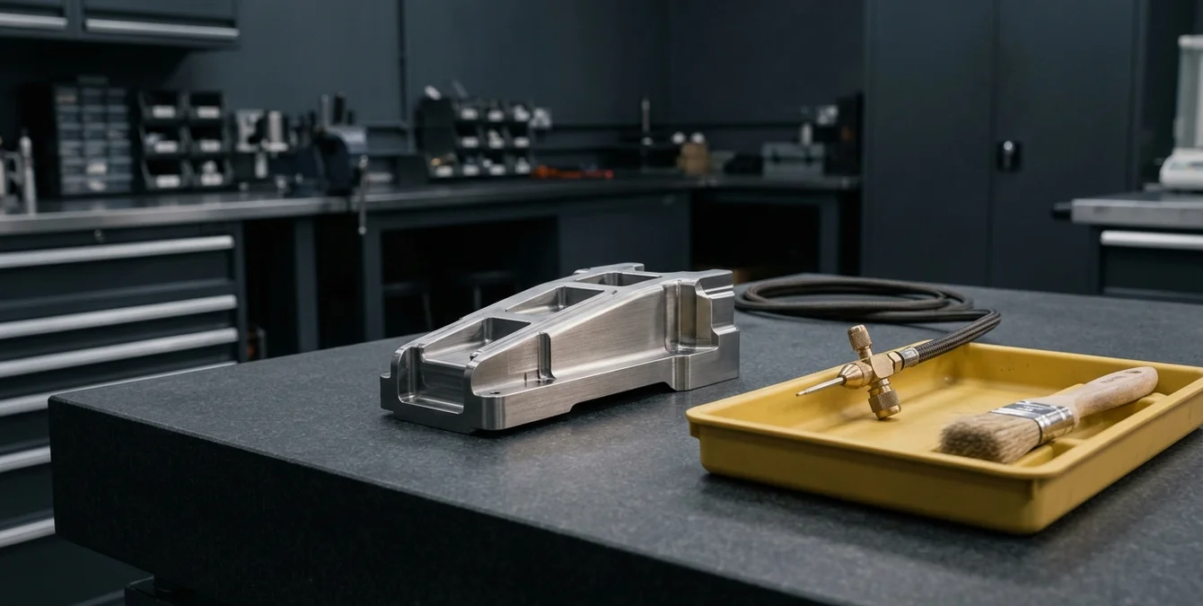 Titan-Bauteil auf Granittisch mit Argon-Düse und Reinigungsbürste für Gasschutzaufbau Titan-Bauteil auf Granittisch mit Argon-Düse und Reinigungsbürste für Gasschutzaufbau