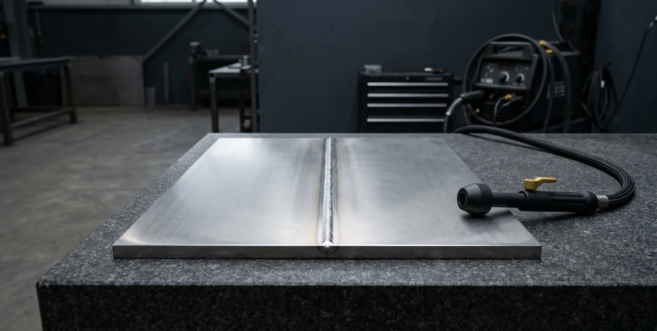 Polished titanium plate with bright silver weld seam and argon gas nozzle on granite inspection table in a dark industrial setting Polished titanium plate with bright silver weld seam and argon gas nozzle on granite inspection table in a dark industrial setting