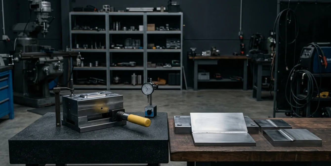 Polished injection mould clamped on granite table with dial indicator and tool steel plates showing immaculate laser-welded seams in a dark industrial tool repa Polished injection mould clamped on granite table with dial indicator and tool steel plates showing immaculate laser-welded seams in a dark industrial tool repa