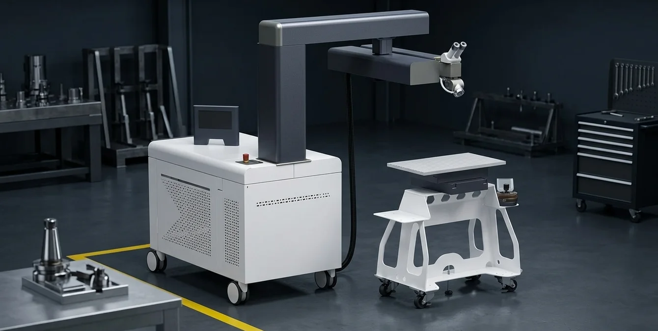 Sineo Light mobile Nd:YAG laser welder in dark industrial workshop with yellow floor marking and polished tool fixture Sineo Light mobile Nd:YAG laser welder in dark industrial workshop with yellow floor marking and polished tool fixture