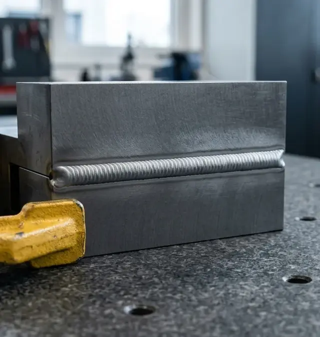 soldadura a laser num aço 1.2344 (H13) com junta visível numa mesa de granito numa sala de inspeção industrial soldadura a laser num aço 1.2344 (H13) com junta visível numa mesa de granito numa sala de inspeção industrial