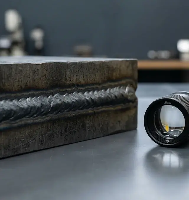 Cordão de soldadura laser em aço temperado, visto de perto numa mesa de inspeção industrial limpa com lente ótica Leica 10× ao lado Cordão de soldadura laser em aço temperado, visto de perto numa mesa de inspeção industrial limpa com lente ótica Leica 10× ao lado