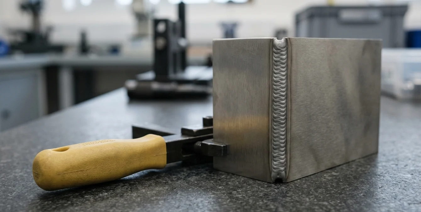 Makroaufnahme einer matten Laserschweißnaht auf Edelstahl auf Granittisch mit gelbem Haltegriff Makroaufnahme einer matten Laserschweißnaht auf Edelstahl auf Granittisch mit gelbem Haltegriff