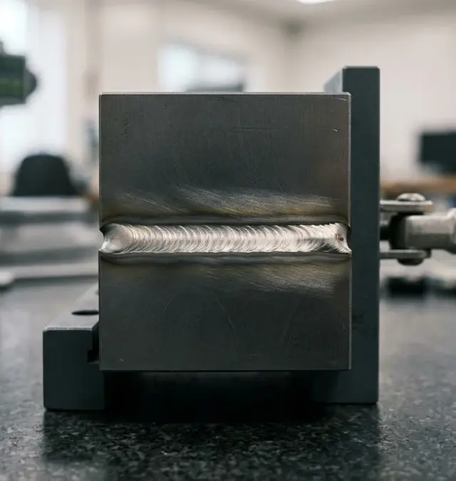 Soldadura laser acabada numa amostra metálica de molde de injeção sobre mesa de granito com suporte amarelo Soldadura laser acabada numa amostra metálica de molde de injeção sobre mesa de granito com suporte amarelo