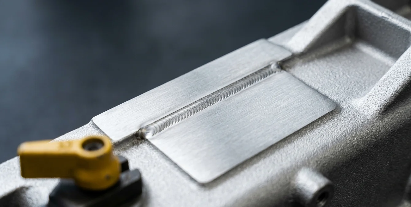 Close-up macro of a flawless laser weld seam on a cast iron repair patch with uniform bright silver brushed-steel finish Close-up macro of a flawless laser weld seam on a cast iron repair patch with uniform bright silver brushed-steel finish