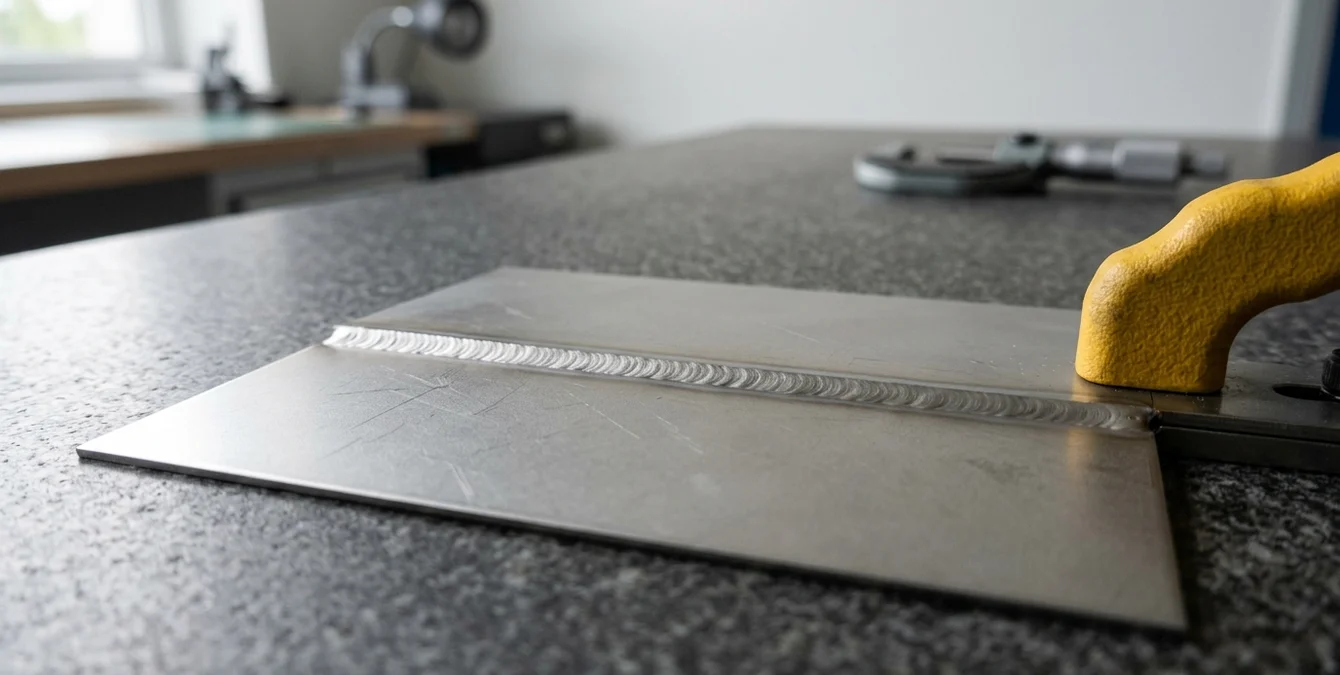 Macro image of a precise laser weld seam on thin metal sheet on granite inspection table with yellow fixture handle Macro image of a precise laser weld seam on thin metal sheet on granite inspection table with yellow fixture handle