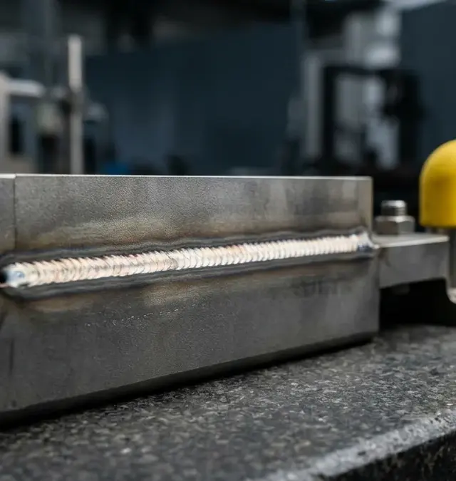 Makroaufnahme einer Titan-Laserschweißnaht mit Oxidationsschutz auf Granittisch Makroaufnahme einer Titan-Laserschweißnaht mit Oxidationsschutz auf Granittisch