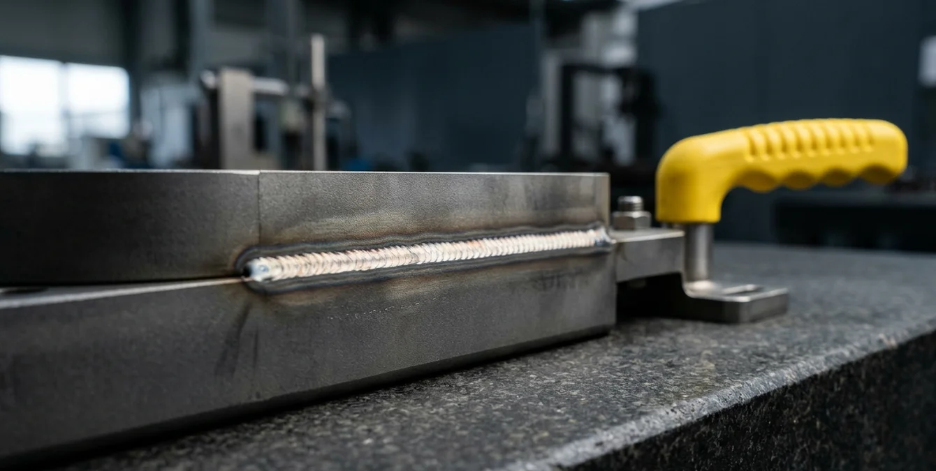 Makroaufnahme einer Titan-Laserschweißnaht mit Oxidationsschutz auf Granittisch Makroaufnahme einer Titan-Laserschweißnaht mit Oxidationsschutz auf Granittisch