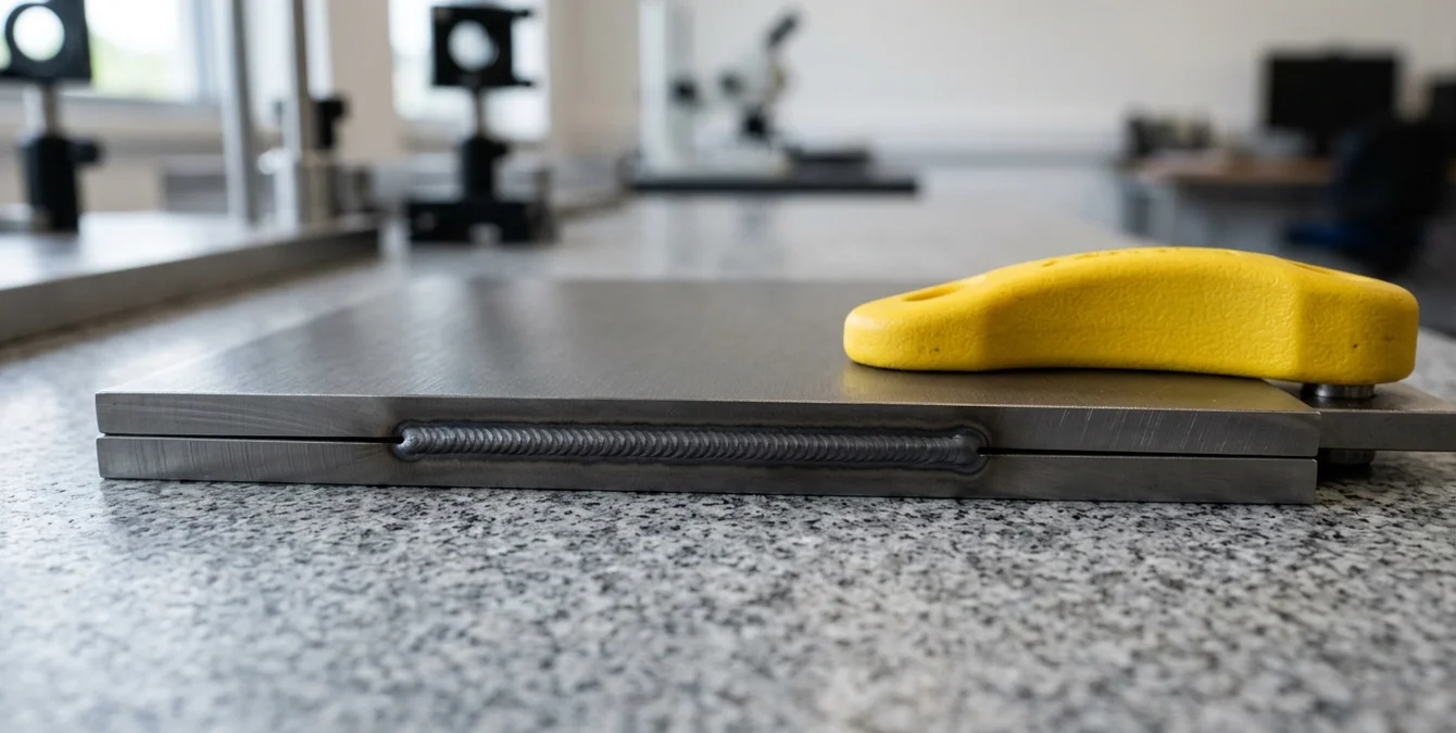 Macro image of a matte titanium laser weld seam on a titanium sheet on a granite inspection table with a yellow fixture handle nearby Macro image of a matte titanium laser weld seam on a titanium sheet on a granite inspection table with a yellow fixture handle nearby
