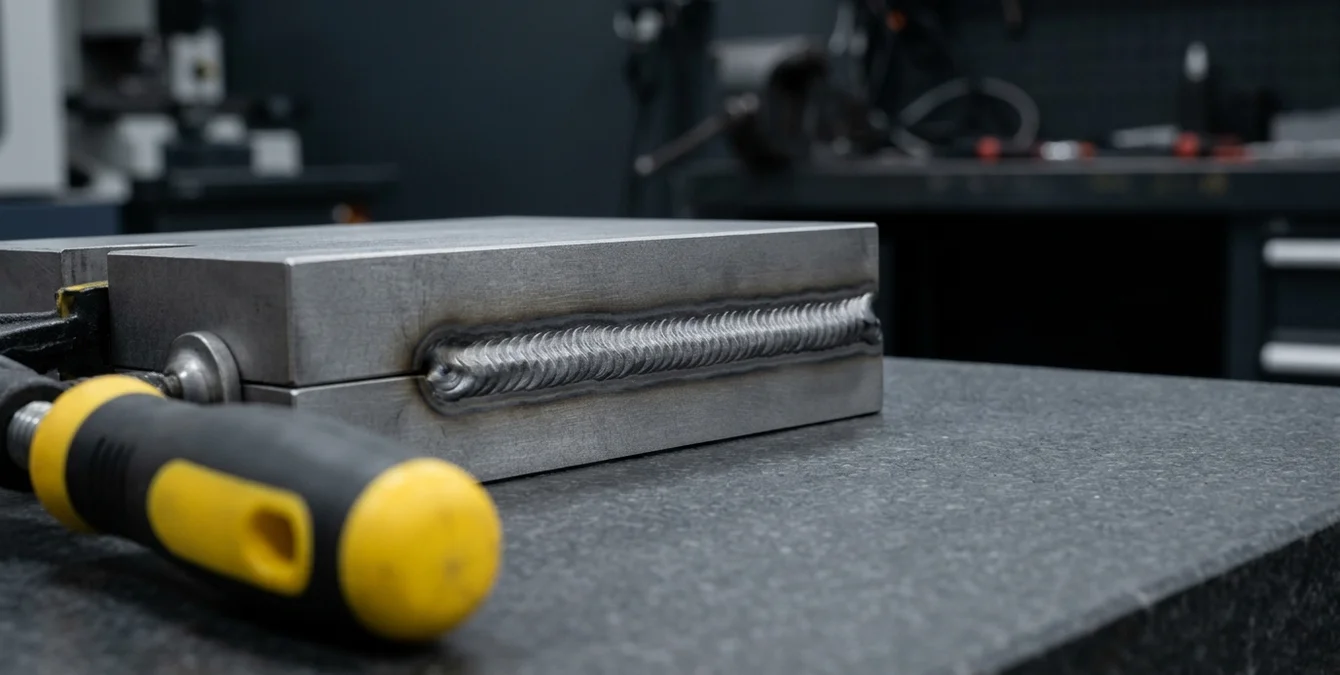 Macro close-up of a finished laser weld seam on tool steel on a granite inspection table with a yellow fixture handle in a clean industrial setting Macro close-up of a finished laser weld seam on tool steel on a granite inspection table with a yellow fixture handle in a clean industrial setting