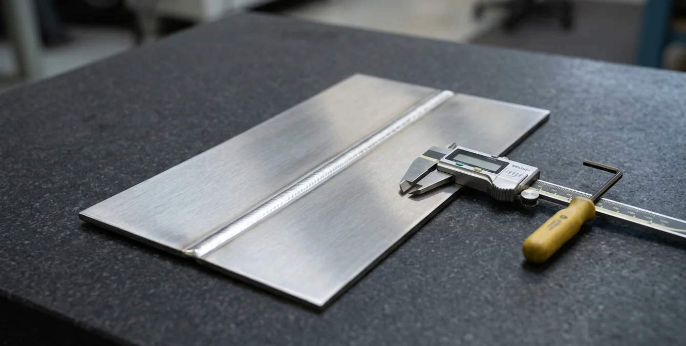 Inspektionsszene mit polierter Metallplatte und makelloser Laser-Schweißnaht auf Granittisch, daneben Messschieber und gelber Werkzeuggriff. Inspektionsszene mit polierter Metallplatte und makelloser Laser-Schweißnaht auf Granittisch, daneben Messschieber und gelber Werkzeuggriff.