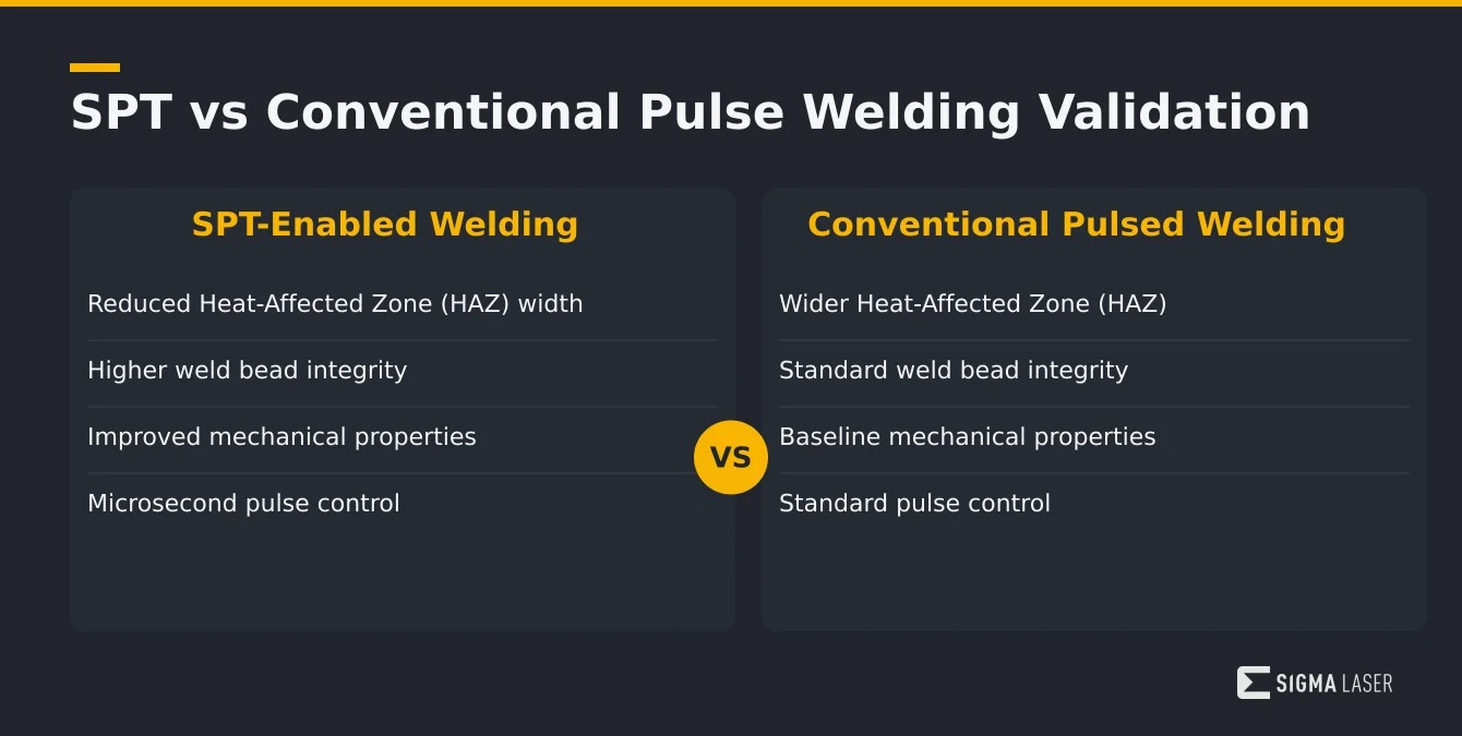 Infographic comparing key quality metrics and process control between SPT-enabled and conventional pulsed welding Infographic comparing key quality metrics and process control between SPT-enabled and conventional pulsed welding
