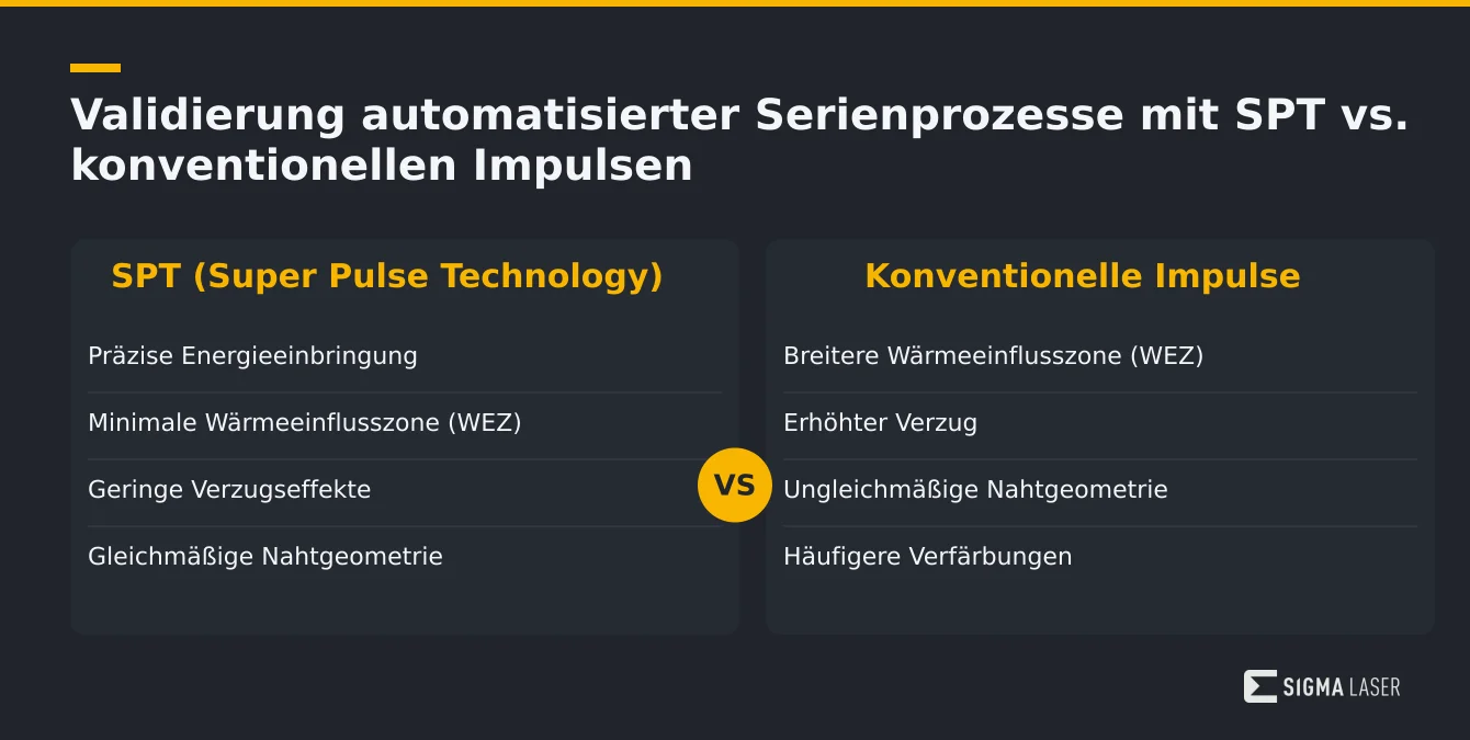 Vergleichende Infografik zur Validierung automatisierter Schweißprozesse mit SPT und konventionellen Impulsen Vergleichende Infografik zur Validierung automatisierter Schweißprozesse mit SPT und konventionellen Impulsen
