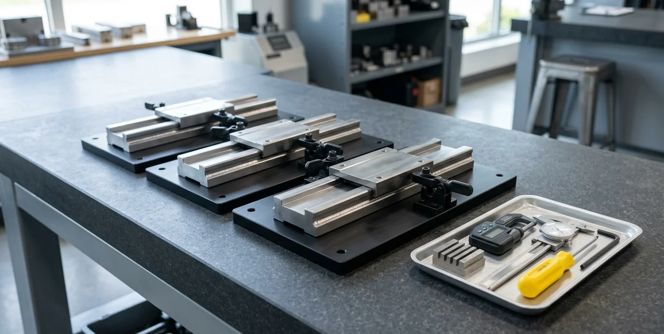 Three polished slide carriages clamped on fixture plates with precision gauges and yellow-handled tool in a clean industrial workshop setup Three polished slide carriages clamped on fixture plates with precision gauges and yellow-handled tool in a clean industrial workshop setup