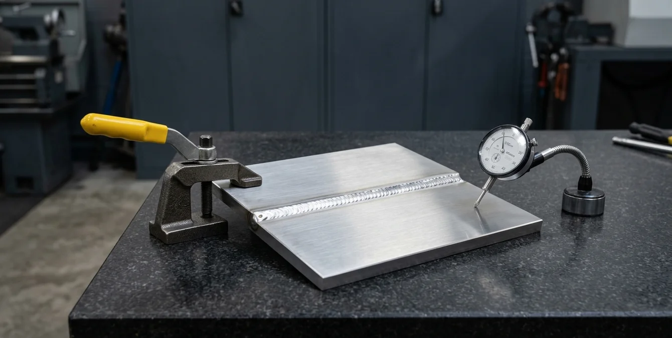 Polierte Werkzeugstahlreparaturplatte mit makelloser Schweißnaht auf Granittisch, daneben Messuhr und gelber Haltegriff Polierte Werkzeugstahlreparaturplatte mit makelloser Schweißnaht auf Granittisch, daneben Messuhr und gelber Haltegriff