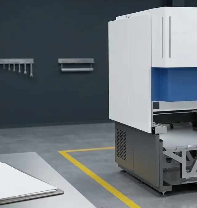 Fixed automation base unit in a tidy workshop with a yellow floor marking line and clipboard with warranty documents Fixed automation base unit in a tidy workshop with a yellow floor marking line and clipboard with warranty documents