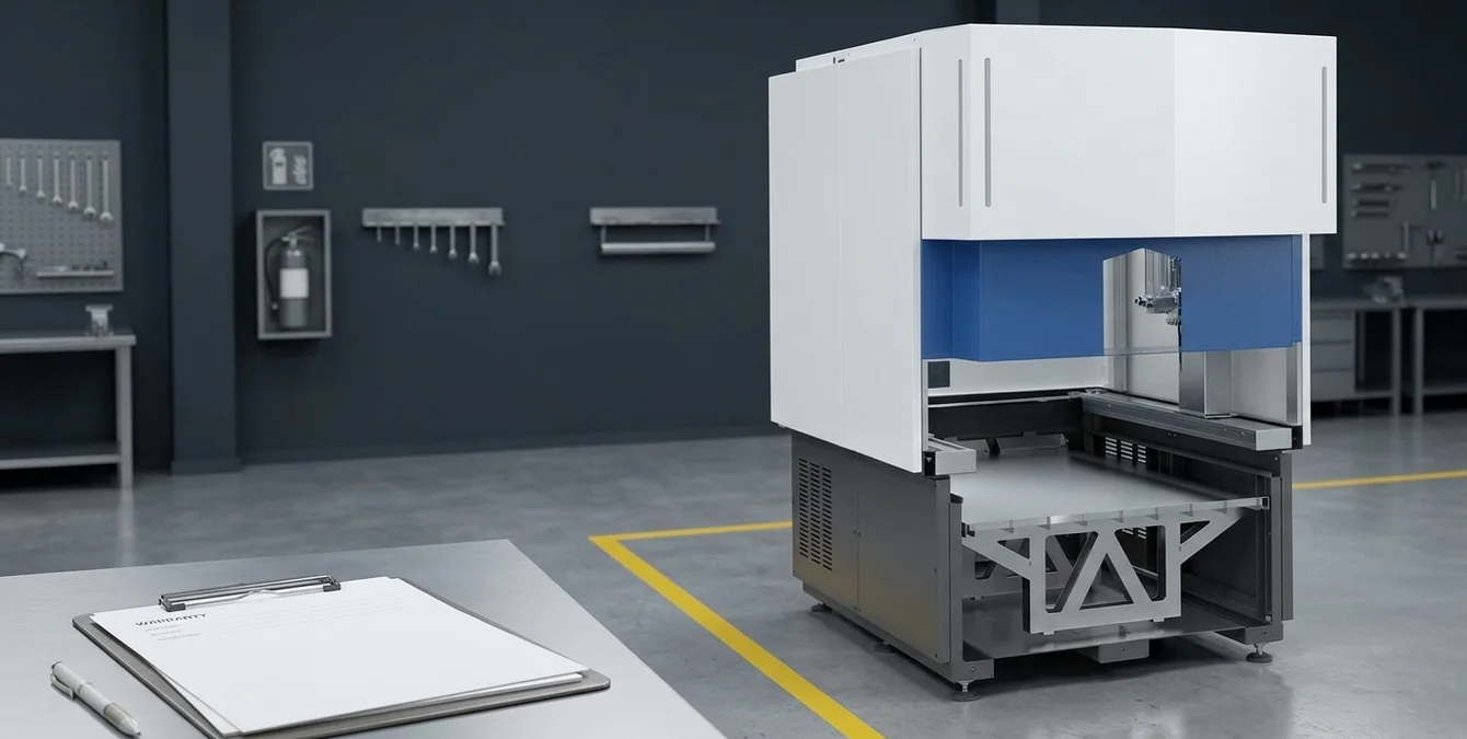 Fixed automation base unit in a tidy workshop with a yellow floor marking line and clipboard with warranty documents Fixed automation base unit in a tidy workshop with a yellow floor marking line and clipboard with warranty documents