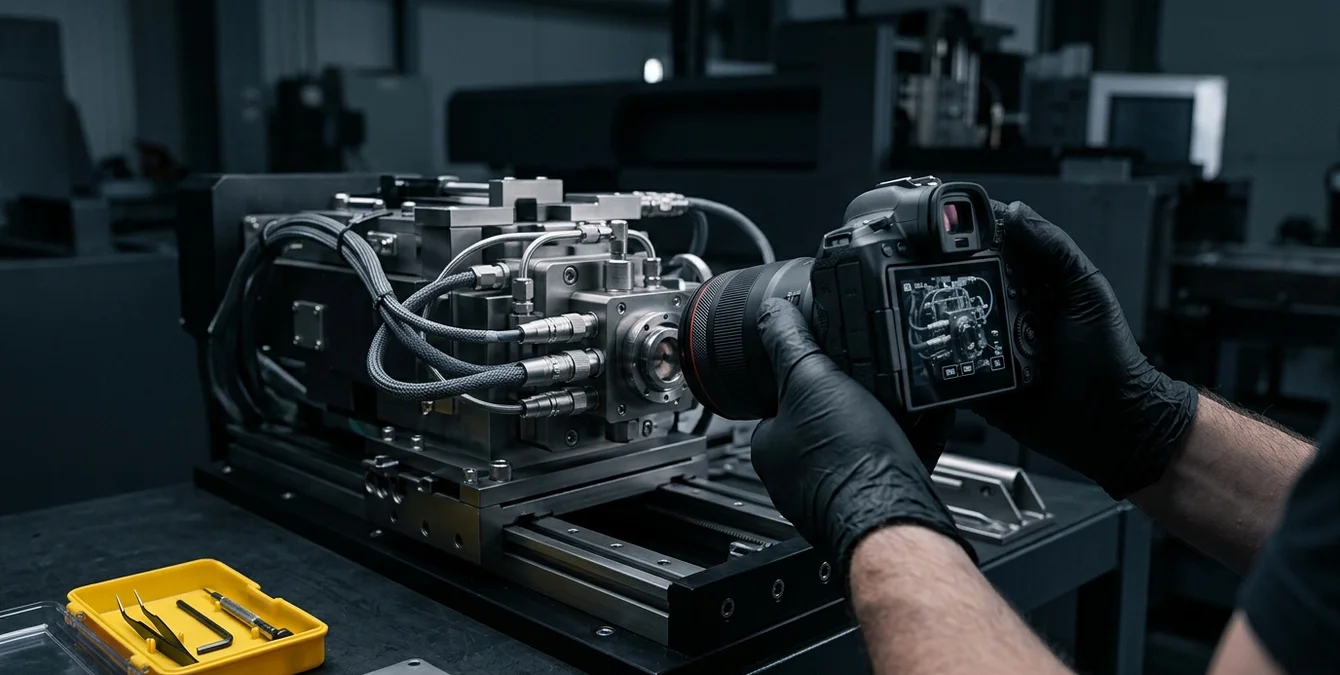 Nahaufnahme von Händen eines Technikers, die mechanische Bauteile einer Laserschweißmaschine fotografieren Nahaufnahme von Händen eines Technikers, die mechanische Bauteile einer Laserschweißmaschine fotografieren