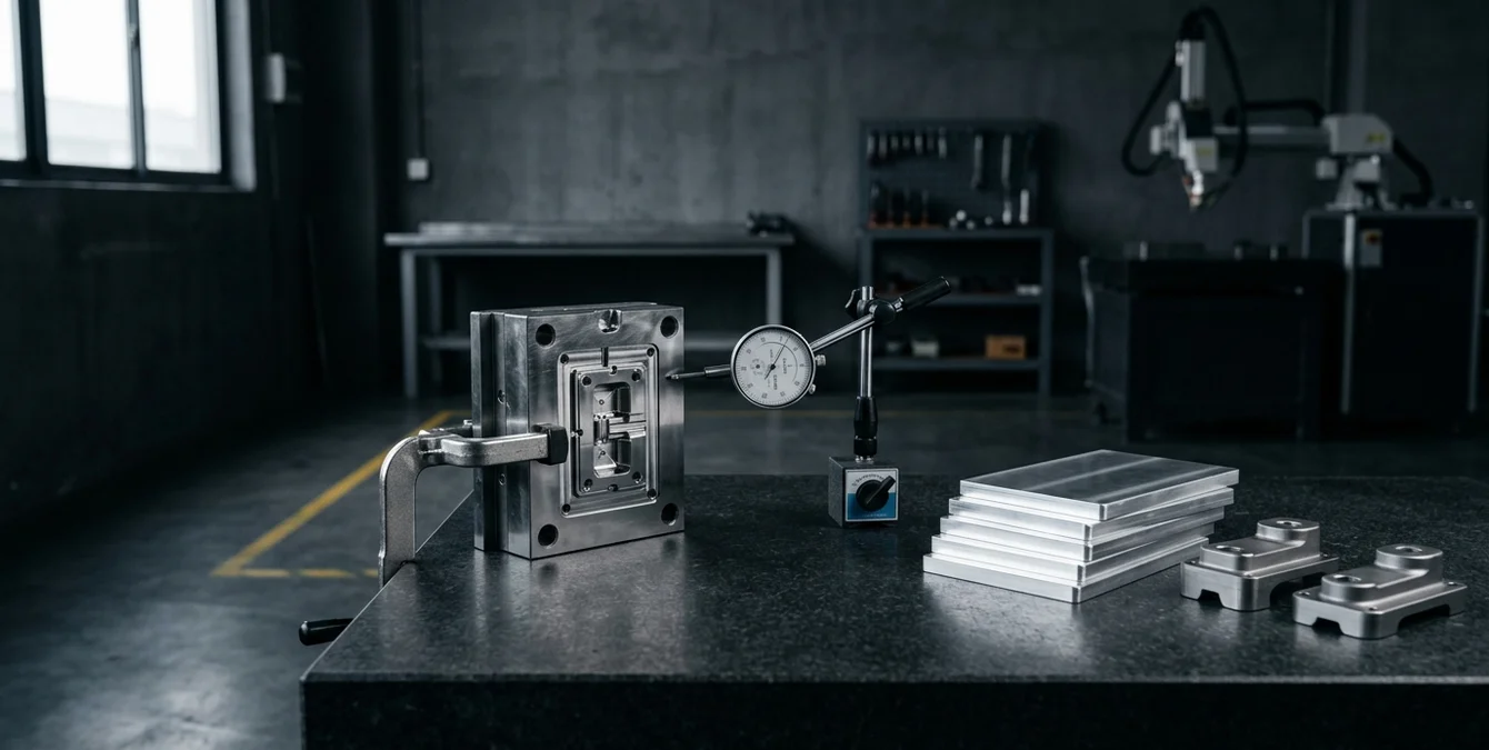Industrielle Werkstatt mit präzisen Bauteilen auf Granittisch und gelber Bodenmarkierung Industrielle Werkstatt mit präzisen Bauteilen auf Granittisch und gelber Bodenmarkierung