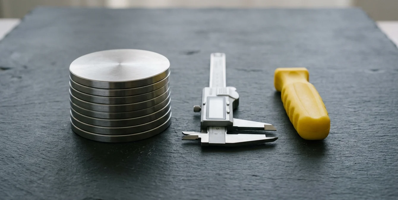 Symbolische Darstellung von Zuverlässigkeit und Servicequalität mit Metallplatten, Messschieber und gelbem Griff Symbolische Darstellung von Zuverlässigkeit und Servicequalität mit Metallplatten, Messschieber und gelbem Griff