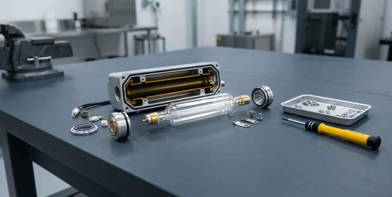 Wartungswerkzeuge und zerlegte Pumpenlampe eines Nd:YAG Laserschweißgeräts auf Werkbank Wartungswerkzeuge und zerlegte Pumpenlampe eines Nd:YAG Laserschweißgeräts auf Werkbank