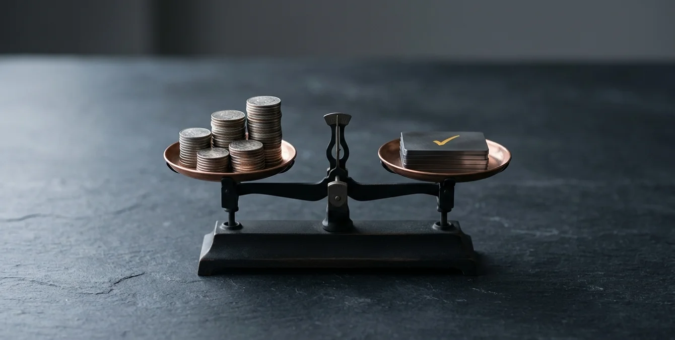 Balance scale with silver coin stacks and polished metal plates symbolizing cost and quality evaluation Balance scale with silver coin stacks and polished metal plates symbolizing cost and quality evaluation