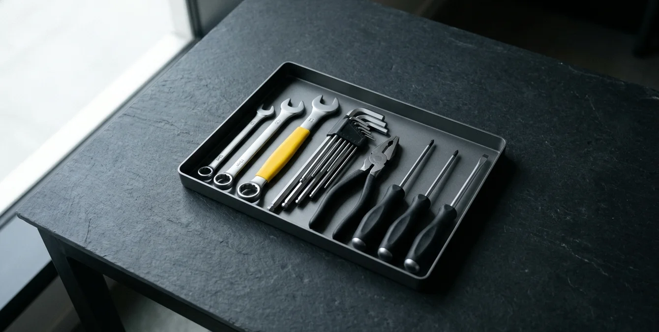 Close-up of polished mechanical tools in a tray with a single yellow handle symbolizing readiness for on-site repair Close-up of polished mechanical tools in a tray with a single yellow handle symbolizing readiness for on-site repair