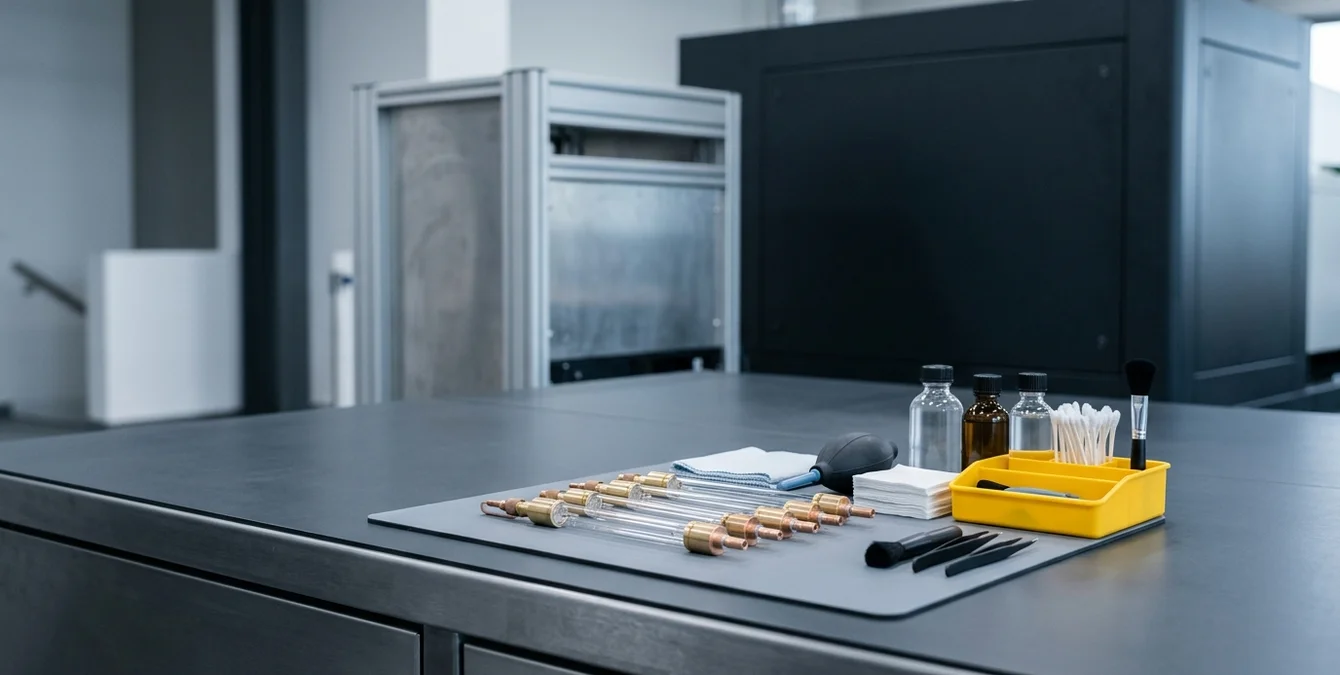 Industrial maintenance workspace with Nd:YAG flash lamps and cleaning tools on a dark workbench with a yellow tool tray accent. Industrial maintenance workspace with Nd:YAG flash lamps and cleaning tools on a dark workbench with a yellow tool tray accent.