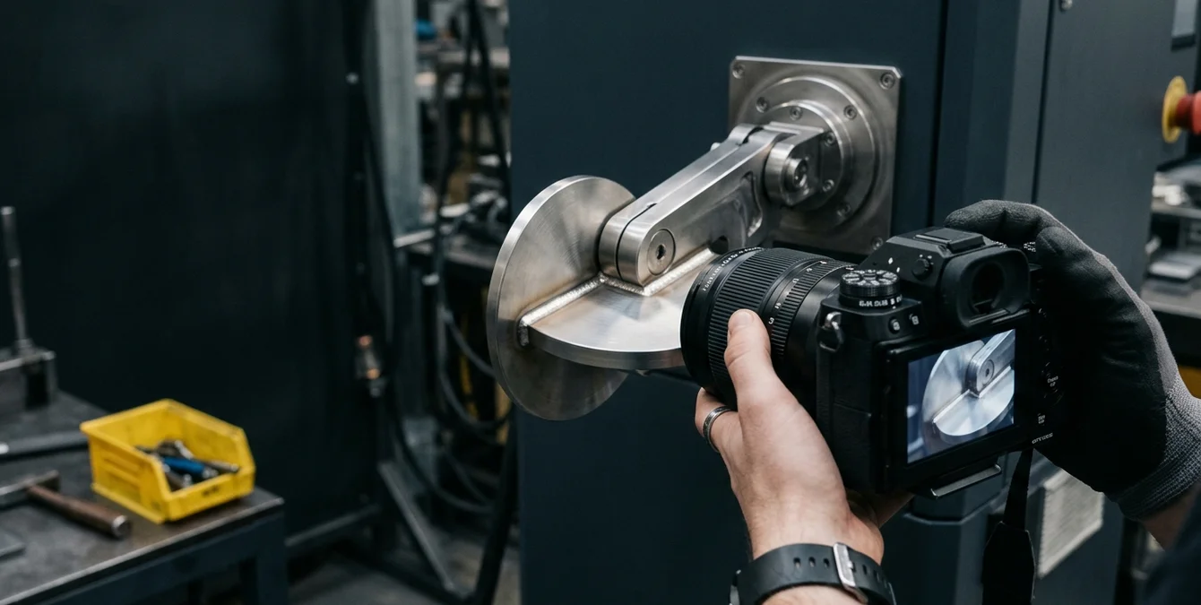 Hands holding a camera photographing a laser welding machine’s polished connector and immaculate weld seam in a dark industrial workshop Hands holding a camera photographing a laser welding machine’s polished connector and immaculate weld seam in a dark industrial workshop