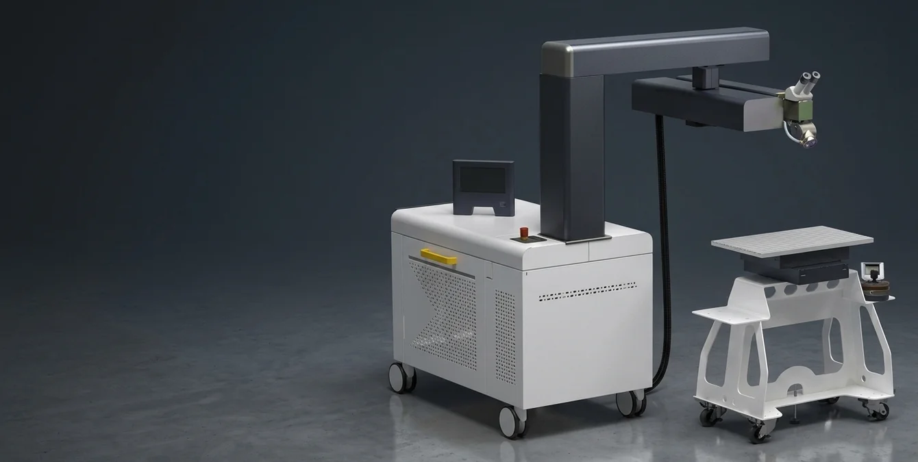 Sineo Light mobile Nd:YAG laser welding system in clean assembly area with yellow fixture handle Sineo Light mobile Nd:YAG laser welding system in clean assembly area with yellow fixture handle