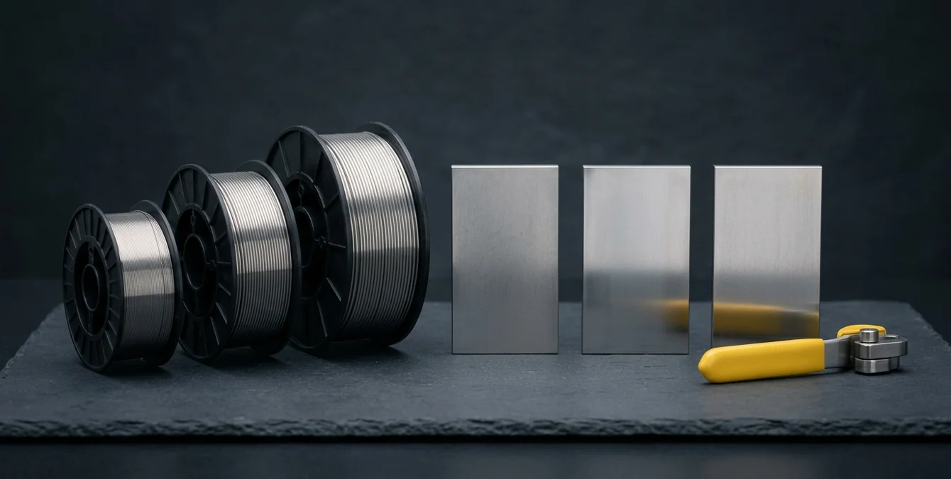 Three spools of filler wire with polished tool steel samples symbolizing filler wire selection for different tool steel groups Three spools of filler wire with polished tool steel samples symbolizing filler wire selection for different tool steel groups
