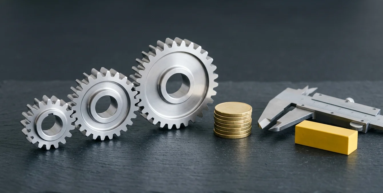 Minimalistic still-life of polished gears, yellow coins, and caliper symbolizing uptime and service criteria Minimalistic still-life of polished gears, yellow coins, and caliper symbolizing uptime and service criteria
