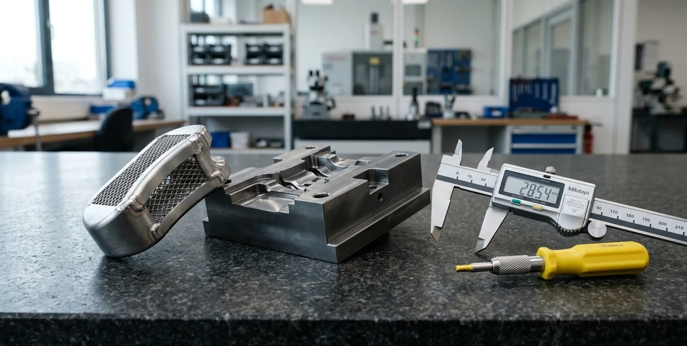 Polished titanium medical implant and high-carbon steel mold insert on granite table with caliper and yellow fixture handle, showing immaculate weld seams. Polished titanium medical implant and high-carbon steel mold insert on granite table with caliper and yellow fixture handle, showing immaculate weld seams.