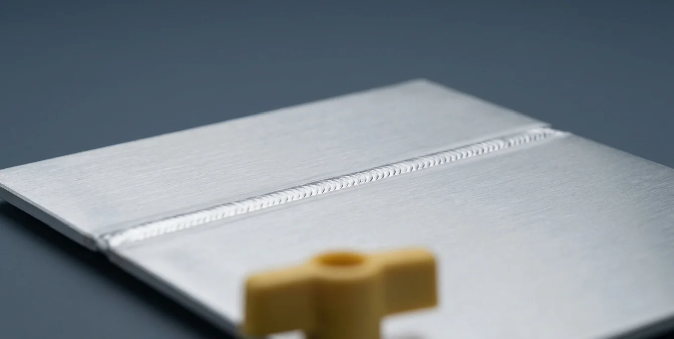 Makroaufnahme einer makellosen Aluminium-Schweißnaht mit einheitlicher silberner Oberfläche Makroaufnahme einer makellosen Aluminium-Schweißnaht mit einheitlicher silberner Oberfläche