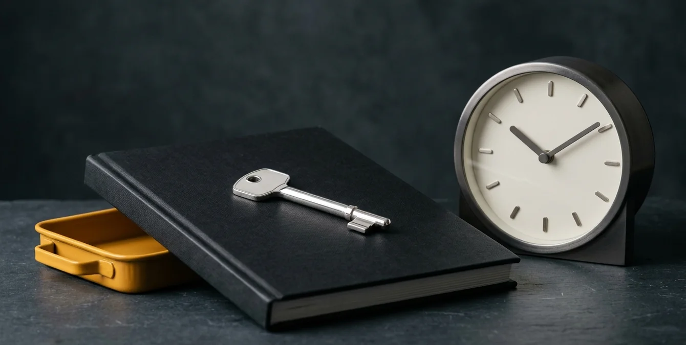 Symbolische Darstellung von Garantie und Support mit Schlüssel, Handbuch und Uhr Symbolische Darstellung von Garantie und Support mit Schlüssel, Handbuch und Uhr