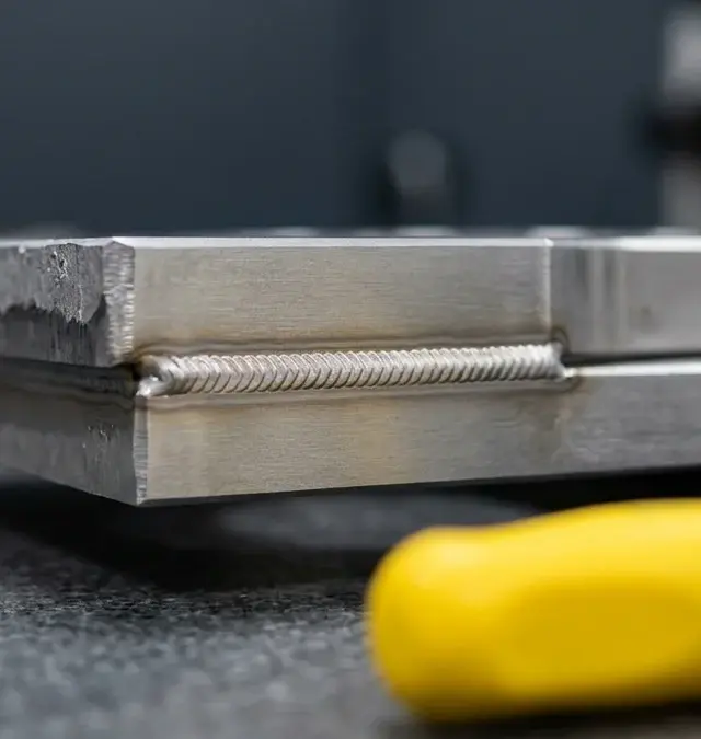 Macro photograph of a precise laser weld seam on a metal component on a granite inspection table with a yellow fixture handle Macro photograph of a precise laser weld seam on a metal component on a granite inspection table with a yellow fixture handle