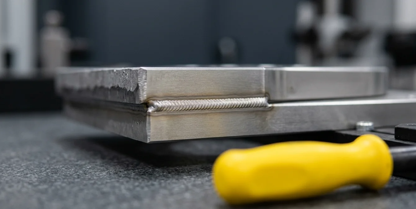 Macro photograph of a precise laser weld seam on a metal component on a granite inspection table with a yellow fixture handle Macro photograph of a precise laser weld seam on a metal component on a granite inspection table with a yellow fixture handle