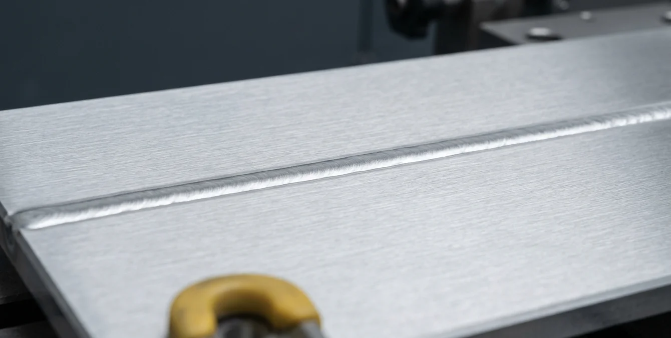 Close-up macro image of a perfectly polished laser weld seam on a mold surface with uniform bright silver brushed-steel finish Close-up macro image of a perfectly polished laser weld seam on a mold surface with uniform bright silver brushed-steel finish