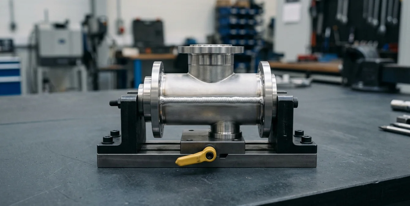 Precision metal component rigidly clamped in fixture with immaculate distortion-free laser weld seam on dark workbench Precision metal component rigidly clamped in fixture with immaculate distortion-free laser weld seam on dark workbench
