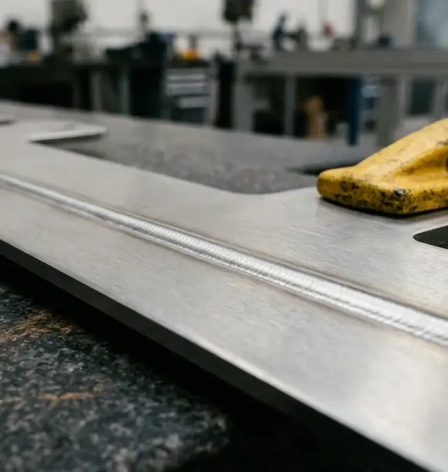 Macro image of a precise laser weld seam on a thin heat-sensitive metal part on granite table with a yellow fixture handle Macro image of a precise laser weld seam on a thin heat-sensitive metal part on granite table with a yellow fixture handle