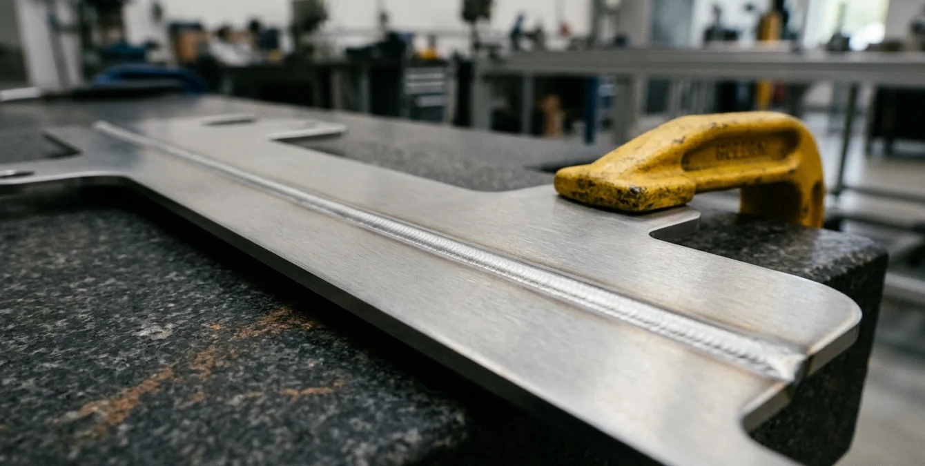 Macro image of a precise laser weld seam on a thin heat-sensitive metal part on granite table with a yellow fixture handle Macro image of a precise laser weld seam on a thin heat-sensitive metal part on granite table with a yellow fixture handle
